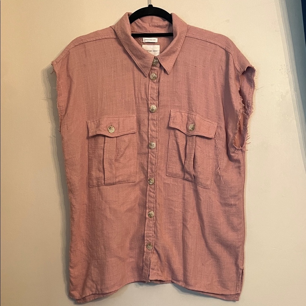 American Eagle Oversized Shirt Womens Soft Pink Raw Sleeveless Pockets Button L
